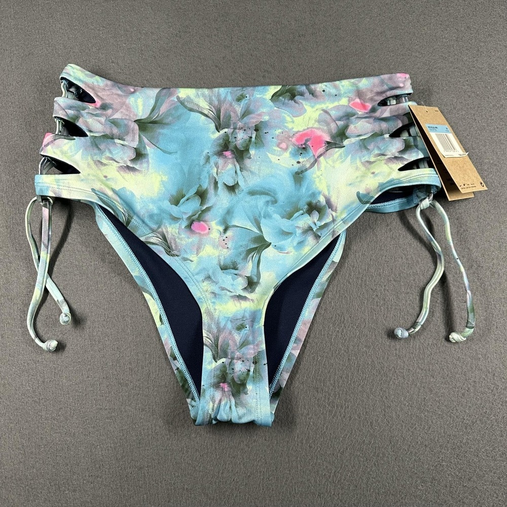 Nike Swim Bottoms Womens Medium Blue Floral High Waist Strappy Side Tie NWT‎